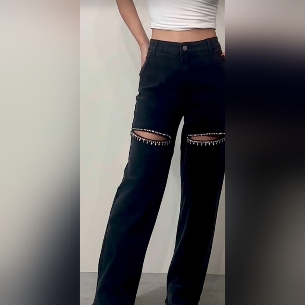 #59585 🛑S, L FABULOUS Cut Out Front Rhinestone Washed Denim Jeans - Picture 4 of 16